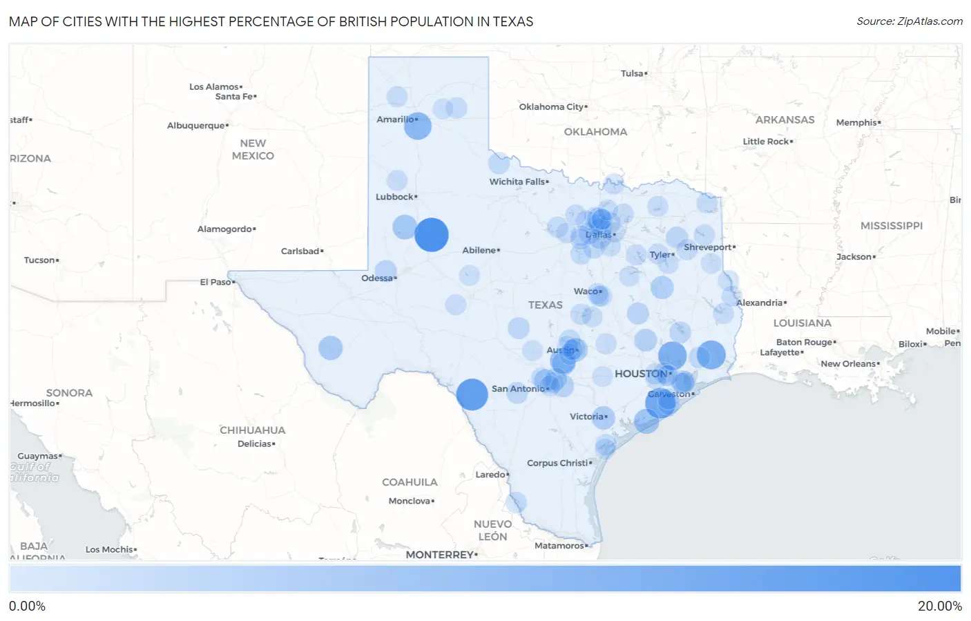 Cities with the Highest Percentage of British Population in Texas Map