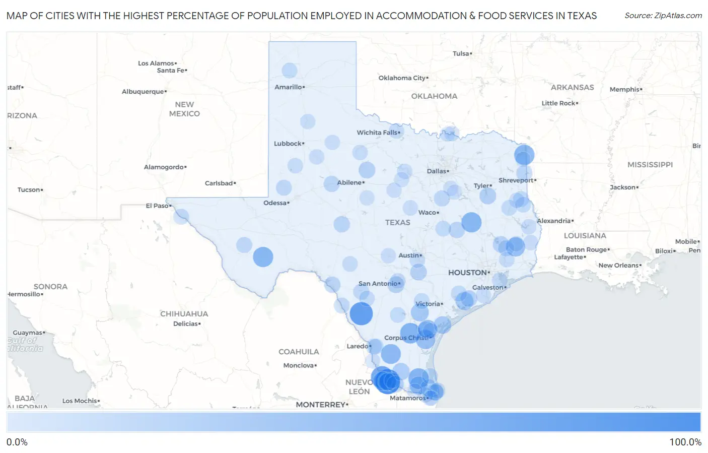 Cities with the Highest Percentage of Population Employed in Accommodation & Food Services in Texas Map