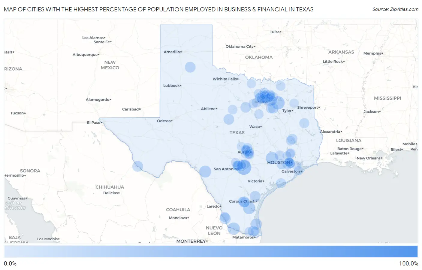 Cities with the Highest Percentage of Population Employed in Business & Financial in Texas Map