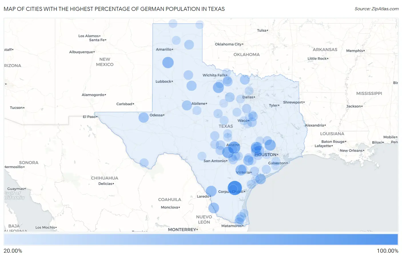 Cities with the Highest Percentage of German Population in Texas Map