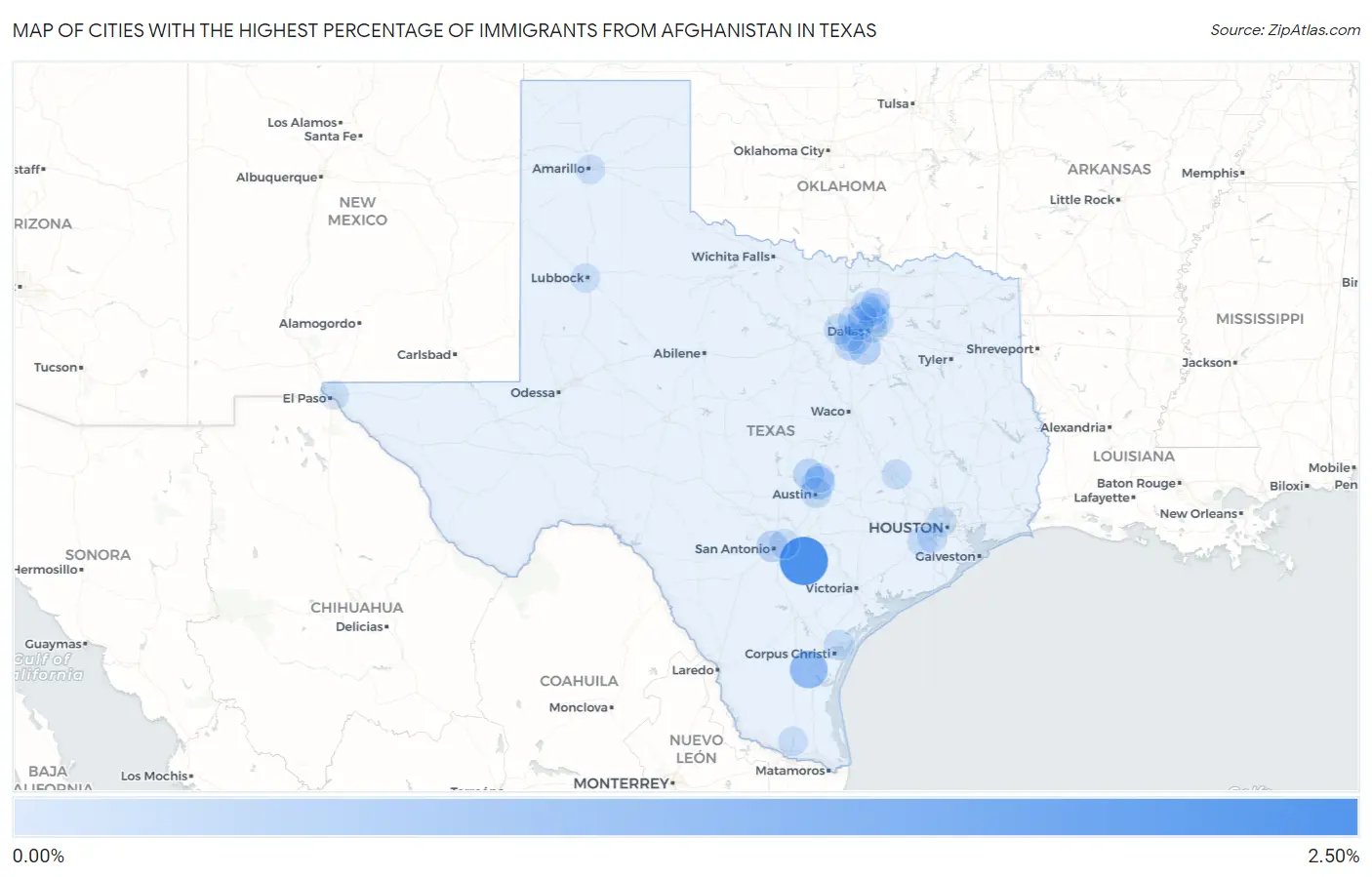 Cities with the Highest Percentage of Immigrants from Afghanistan in Texas Map