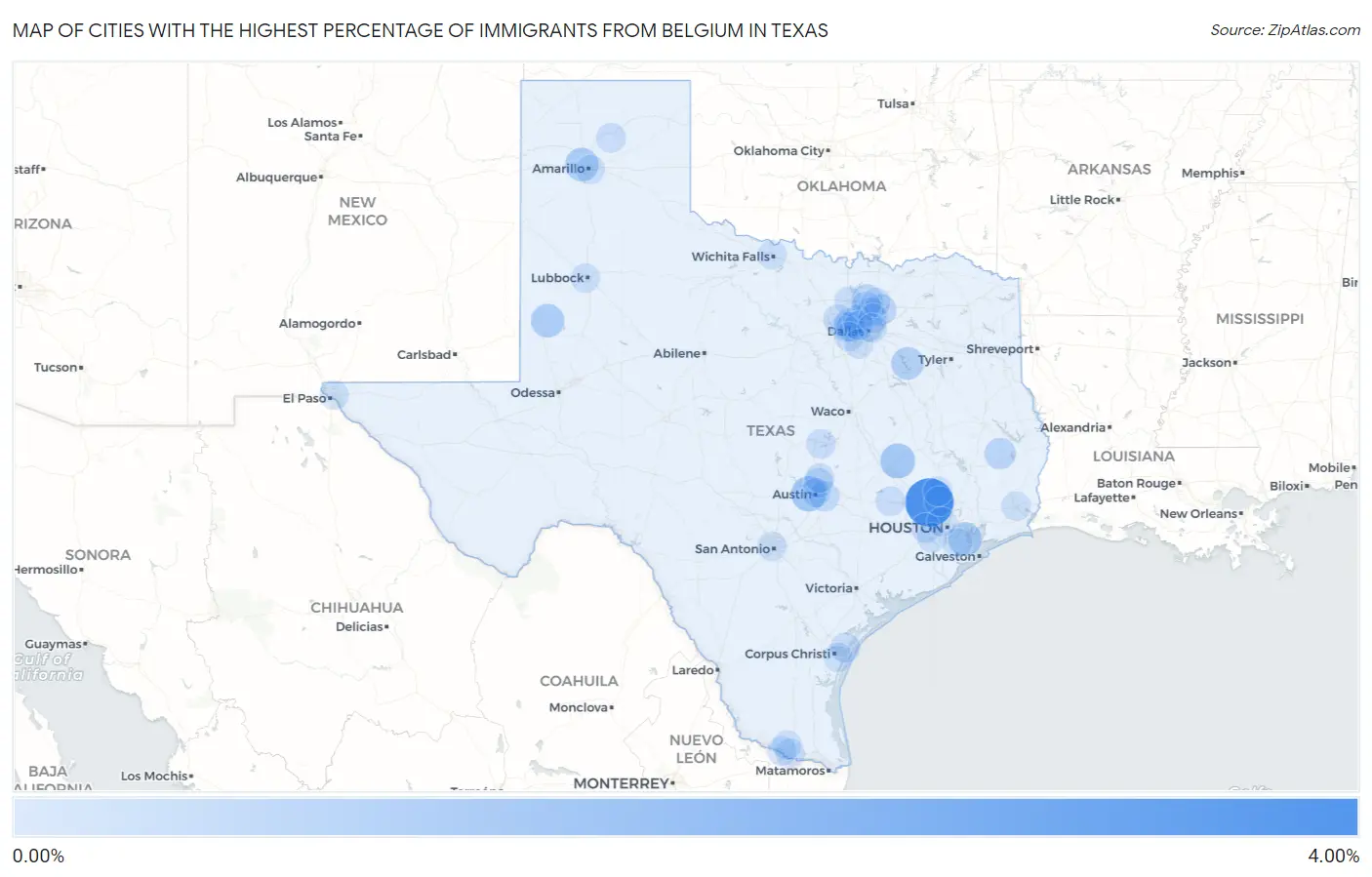 Cities with the Highest Percentage of Immigrants from Belgium in Texas Map