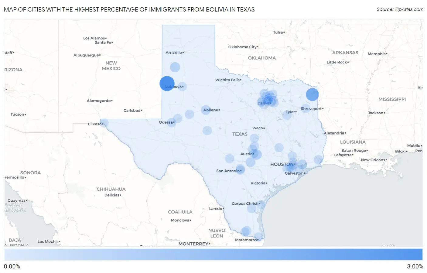Cities with the Highest Percentage of Immigrants from Bolivia in Texas Map