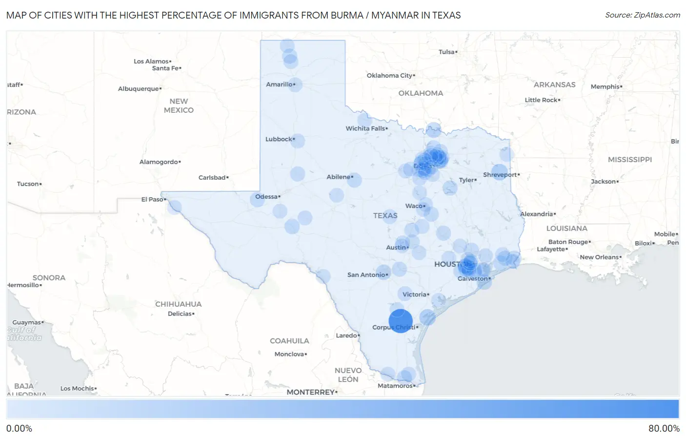 Cities with the Highest Percentage of Immigrants from Burma / Myanmar in Texas Map