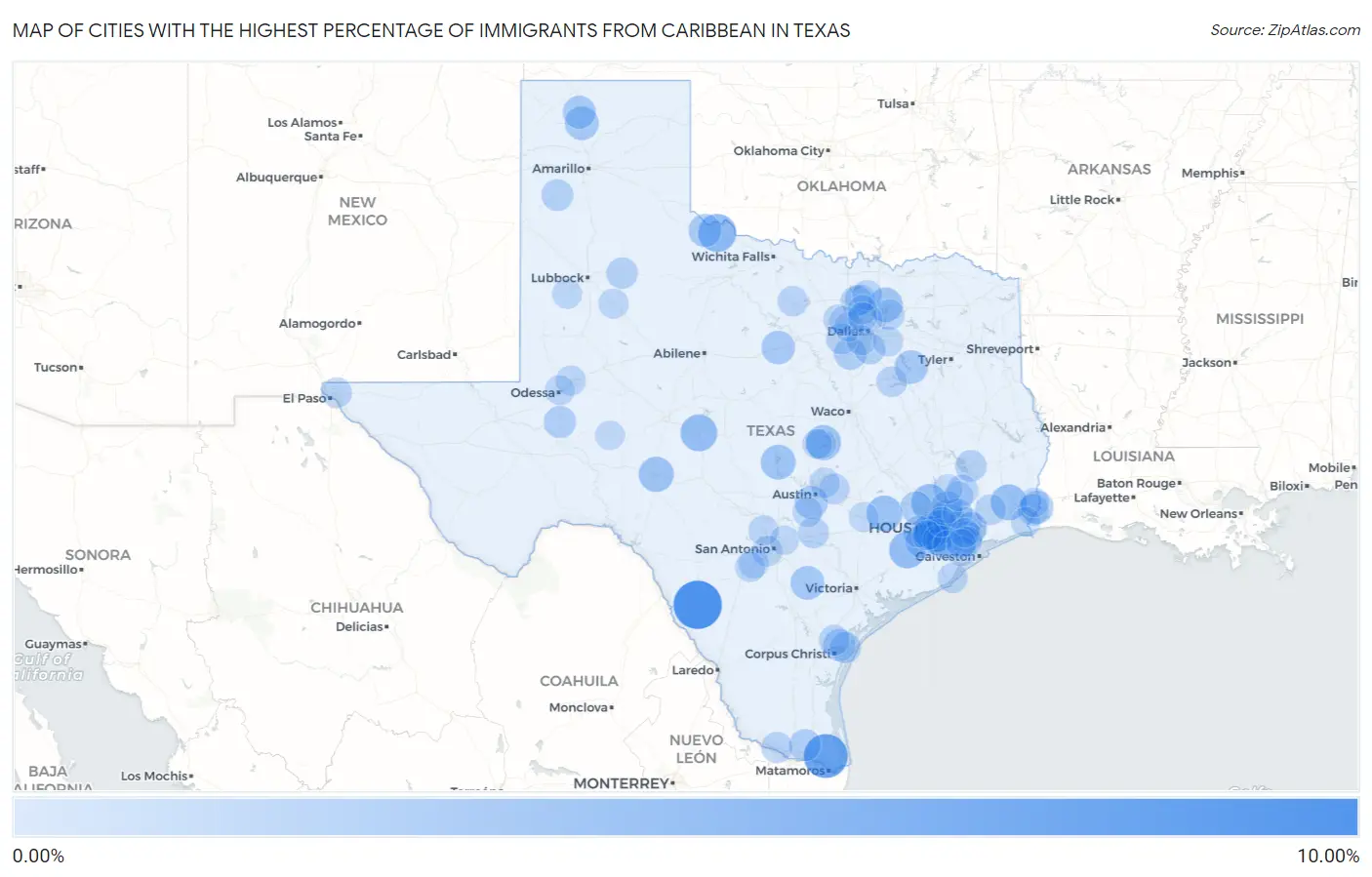 Cities with the Highest Percentage of Immigrants from Caribbean in Texas Map