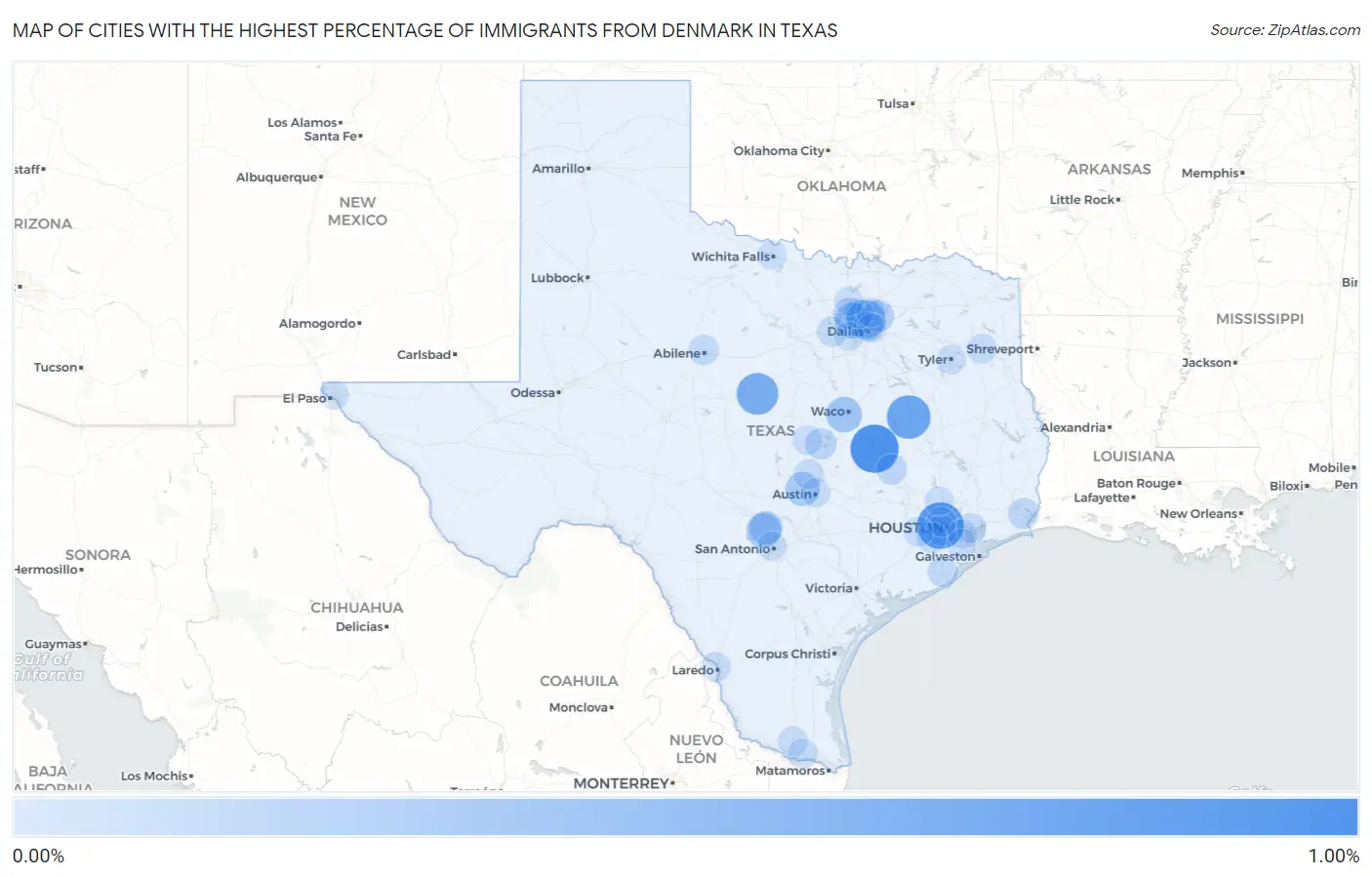 Cities with the Highest Percentage of Immigrants from Denmark in Texas Map