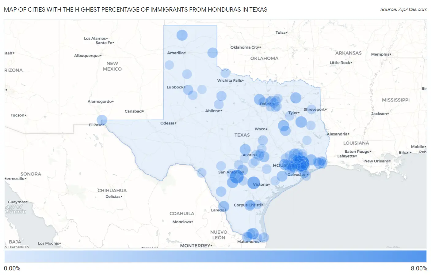 Cities with the Highest Percentage of Immigrants from Honduras in Texas Map