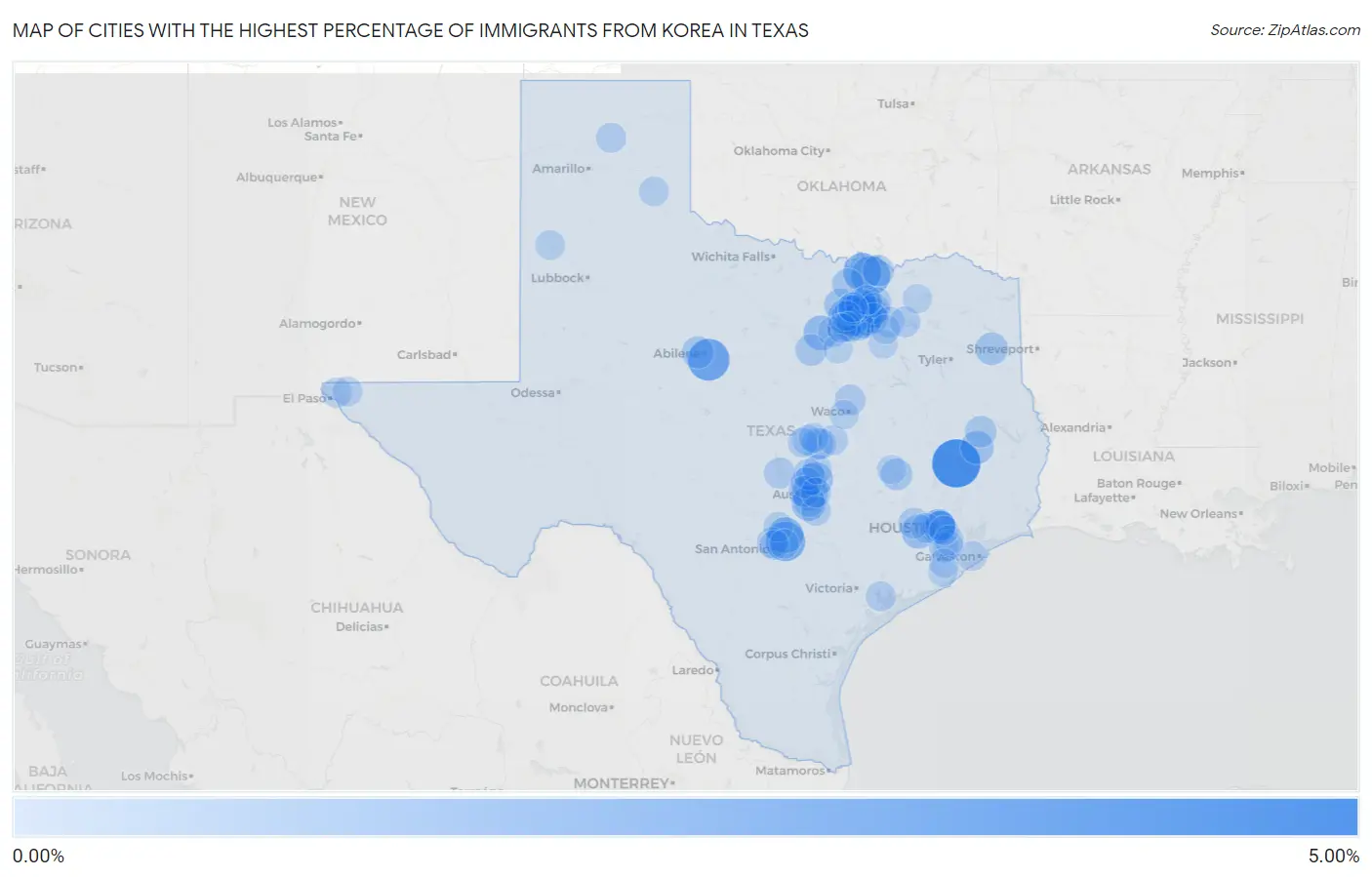 Cities with the Highest Percentage of Immigrants from Korea in Texas Map
