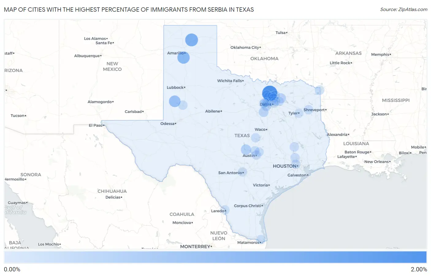 Cities with the Highest Percentage of Immigrants from Serbia in Texas Map