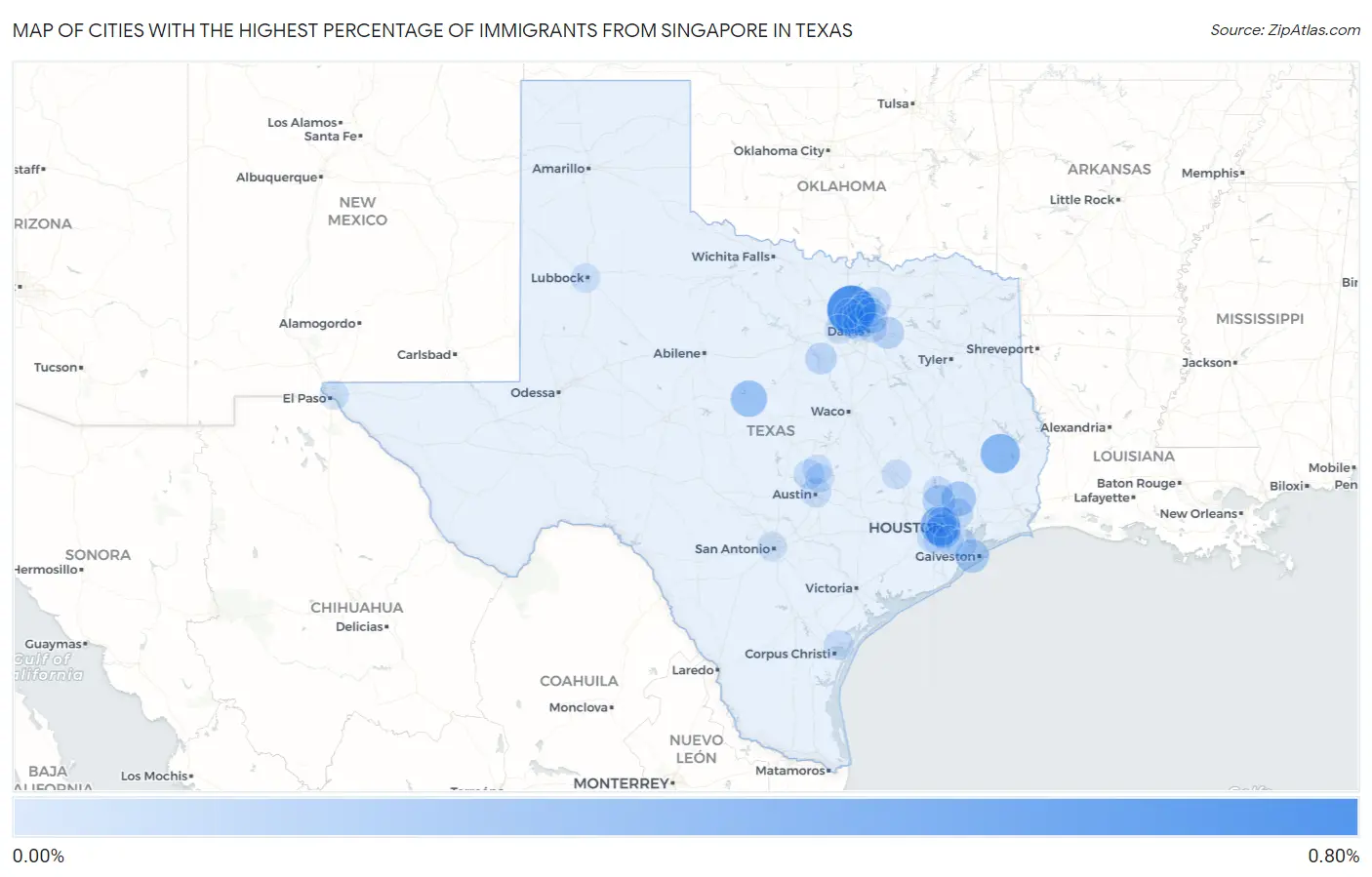 Cities with the Highest Percentage of Immigrants from Singapore in Texas Map