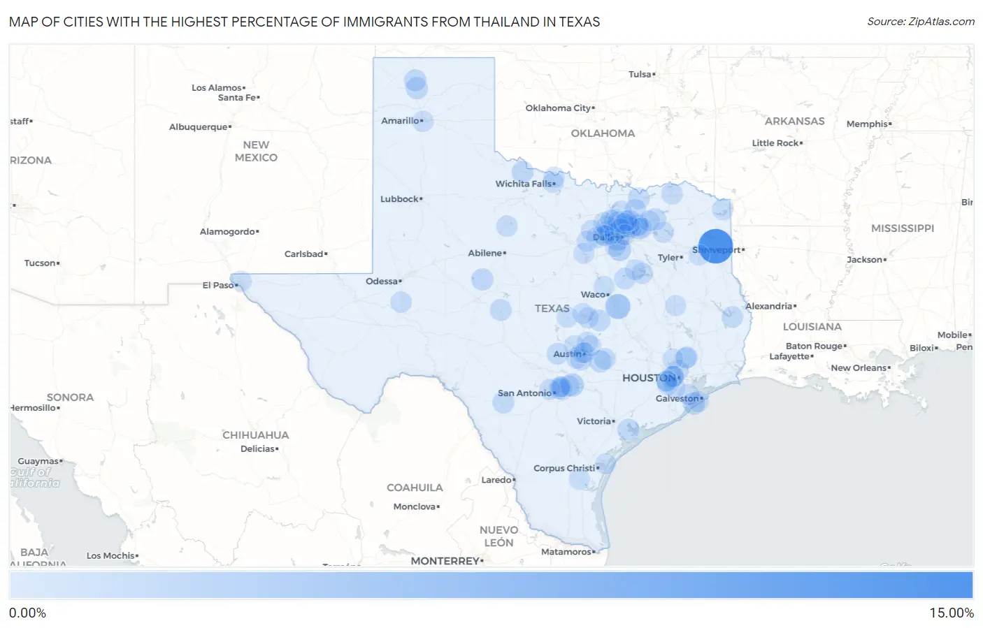 Cities with the Highest Percentage of Immigrants from Thailand in Texas Map