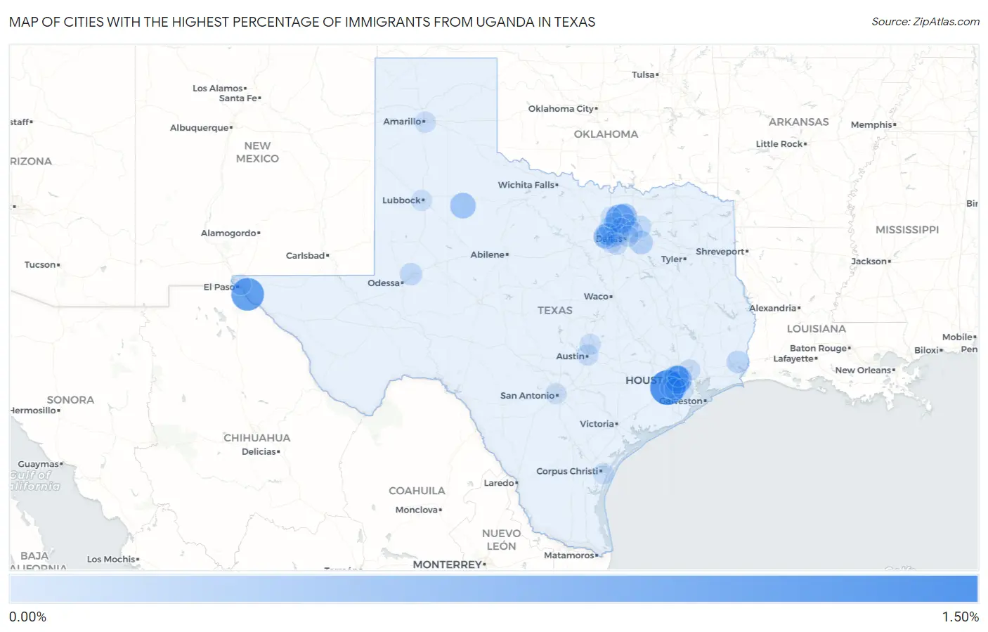 Cities with the Highest Percentage of Immigrants from Uganda in Texas Map