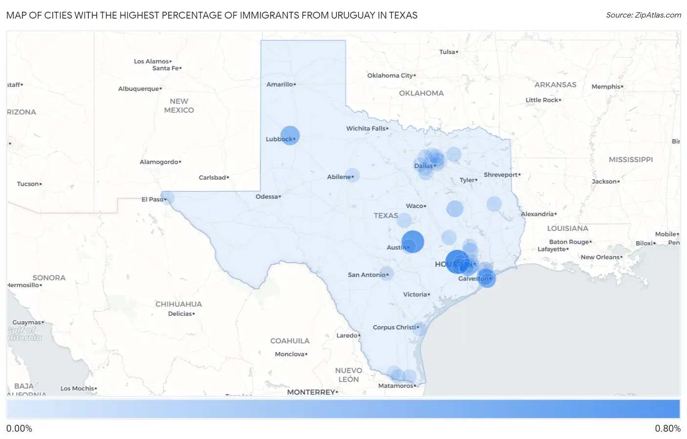 Cities with the Highest Percentage of Immigrants from Uruguay in Texas Map