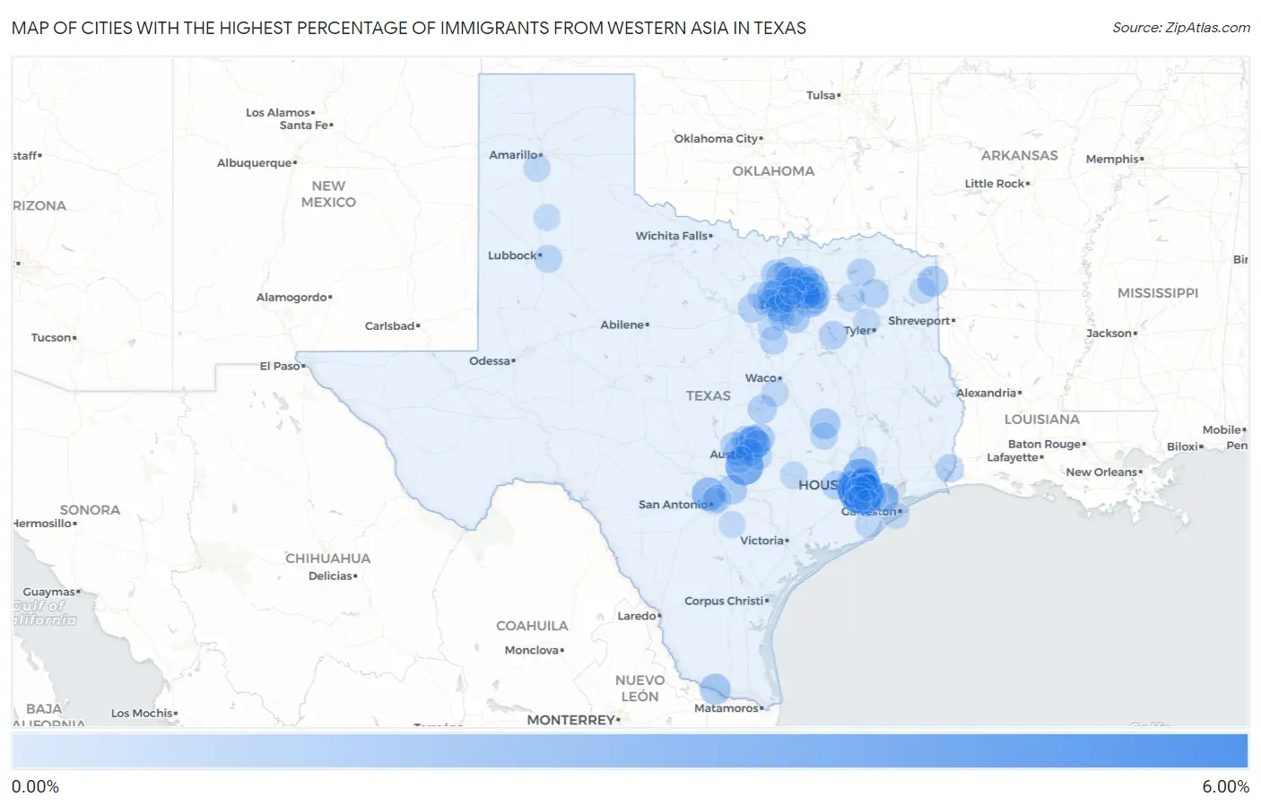 Cities with the Highest Percentage of Immigrants from Western Asia in Texas Map