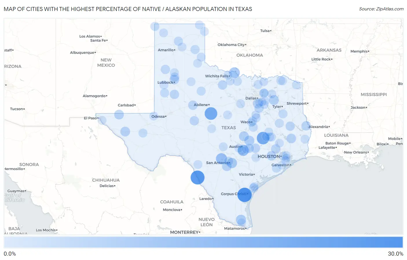 Cities with the Highest Percentage of Native / Alaskan Population in Texas Map