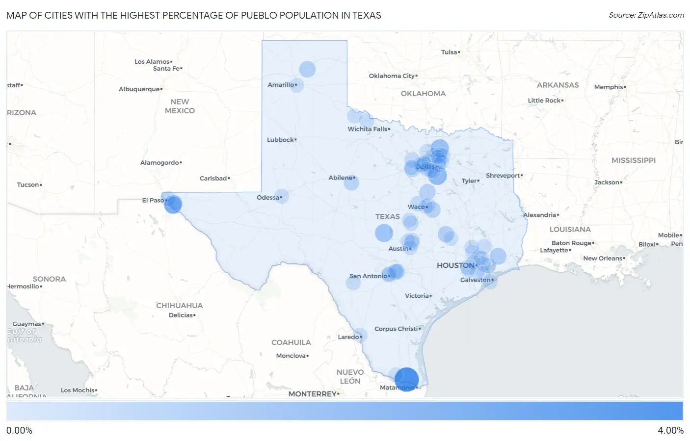 Cities with the Highest Percentage of Pueblo Population in Texas Map