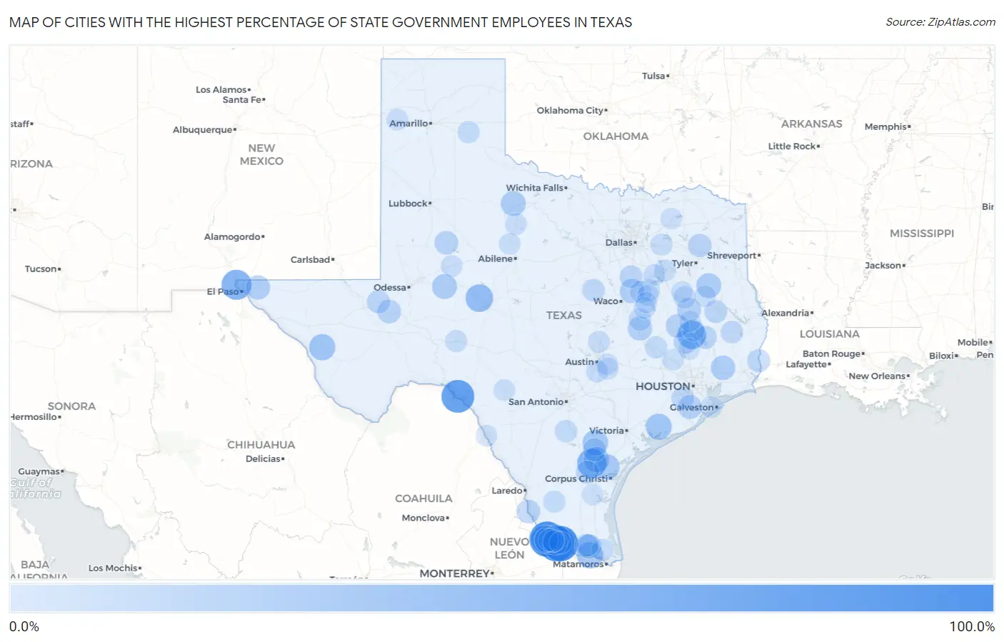 Cities with the Highest Percentage of State Government Employees in Texas Map