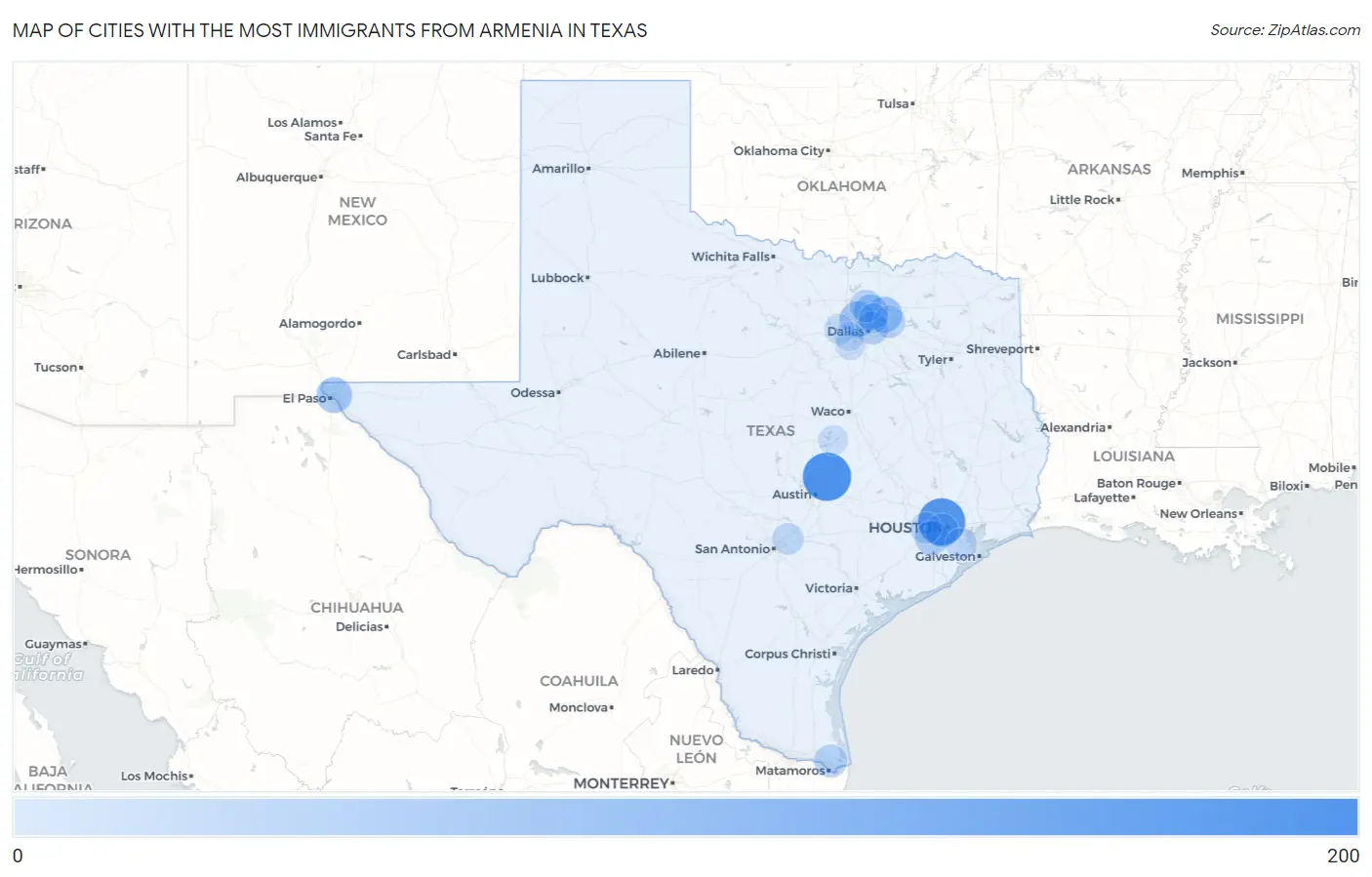 Cities with the Most Immigrants from Armenia in Texas Map