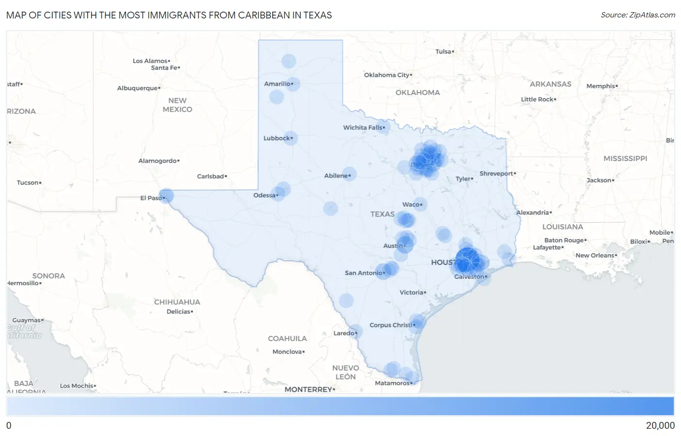 Cities with the Most Immigrants from Caribbean in Texas Map