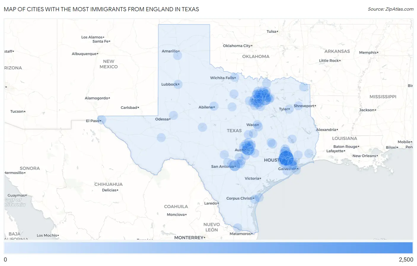 Cities with the Most Immigrants from England in Texas Map