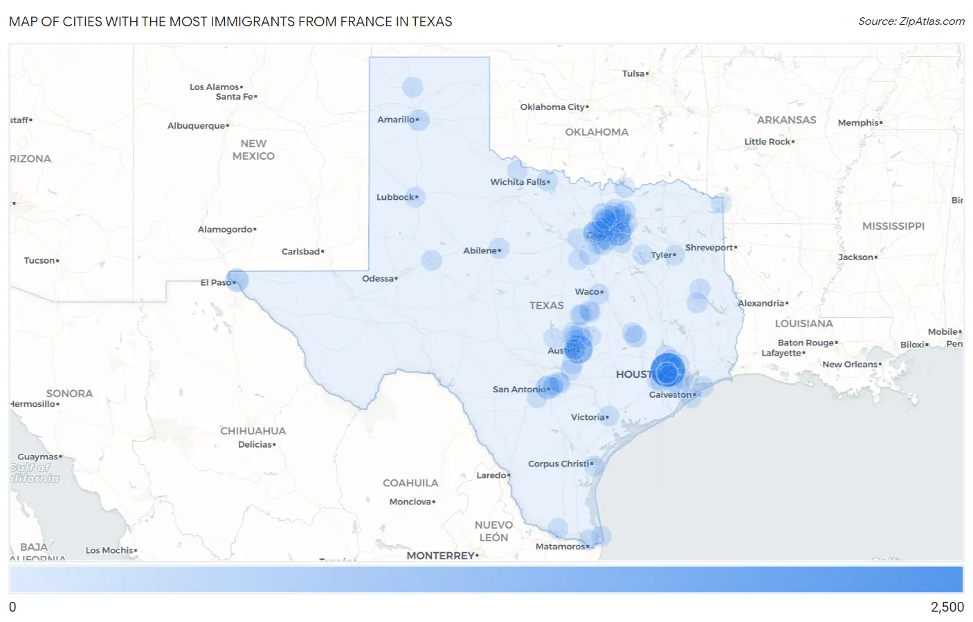 Cities with the Most Immigrants from France in Texas Map