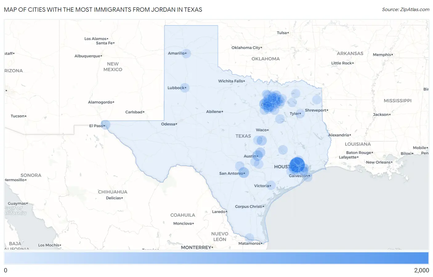 Cities with the Most Immigrants from Jordan in Texas Map