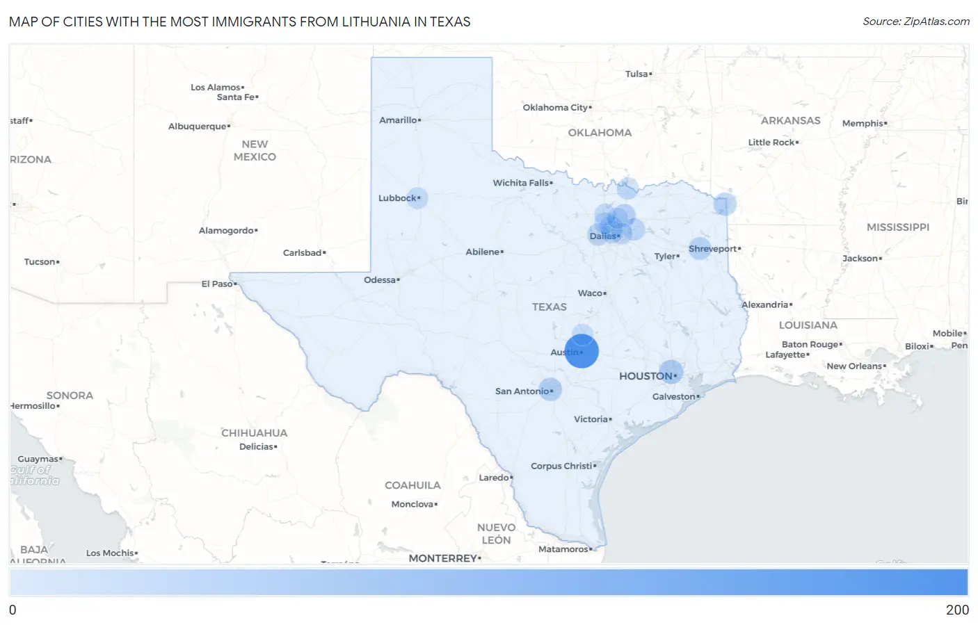 Cities with the Most Immigrants from Lithuania in Texas Map