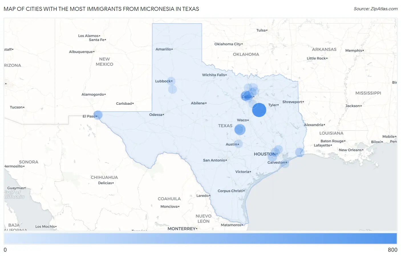 Cities with the Most Immigrants from Micronesia in Texas Map