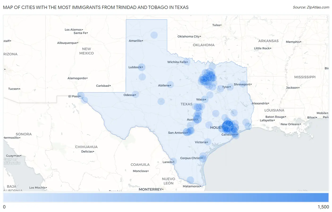 Cities with the Most Immigrants from Trinidad and Tobago in Texas Map