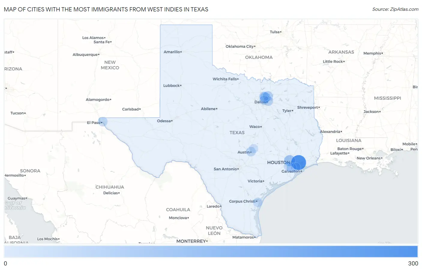 Cities with the Most Immigrants from West Indies in Texas Map