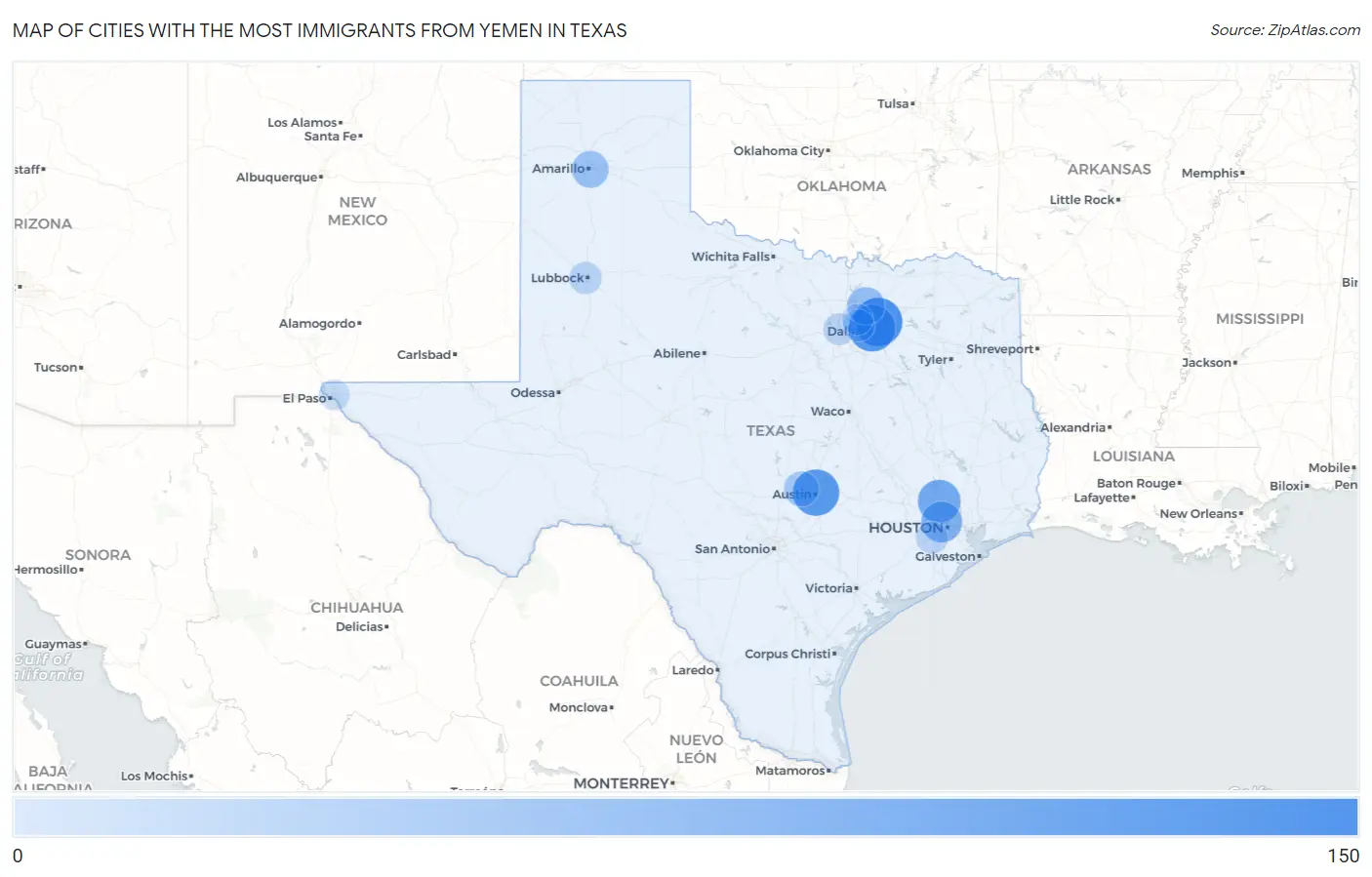 Cities with the Most Immigrants from Yemen in Texas Map