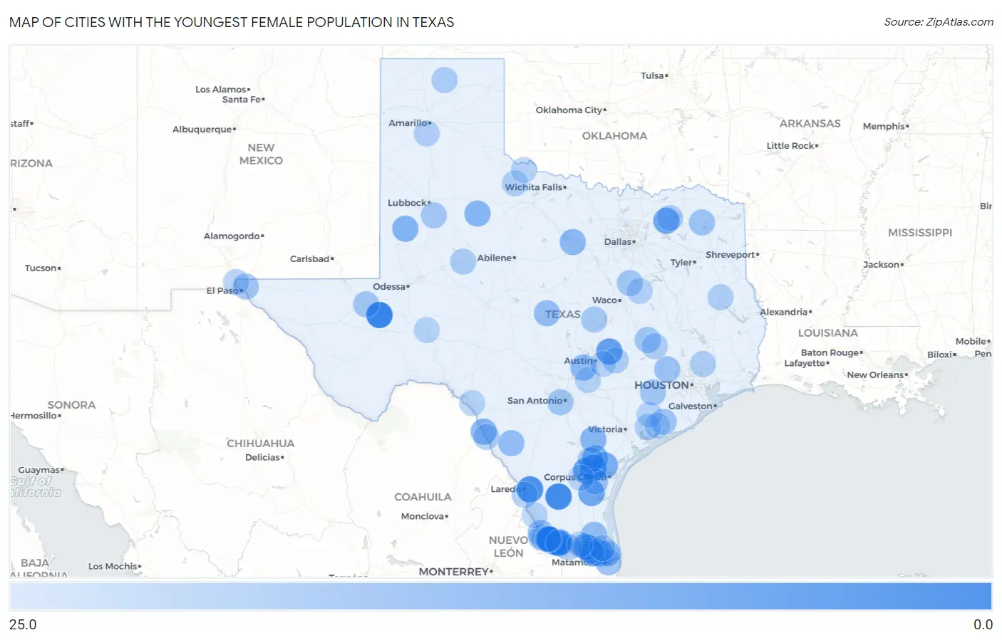 Cities with the Youngest Female Population in Texas Map
