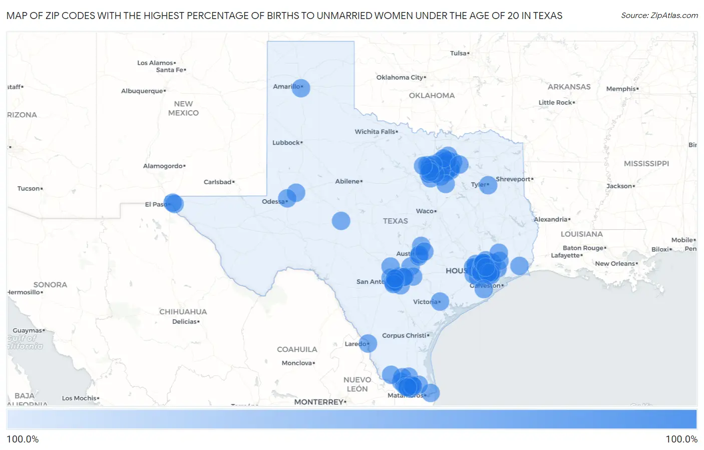 Zip Codes with the Highest Percentage of Births to Unmarried Women under the Age of 20 in Texas Map