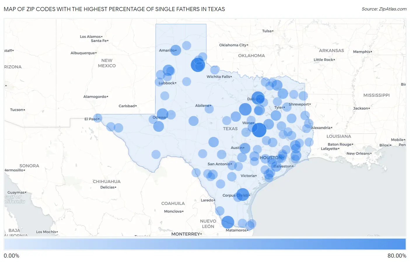 Zip Codes with the Highest Percentage of Single Fathers in Texas Map
