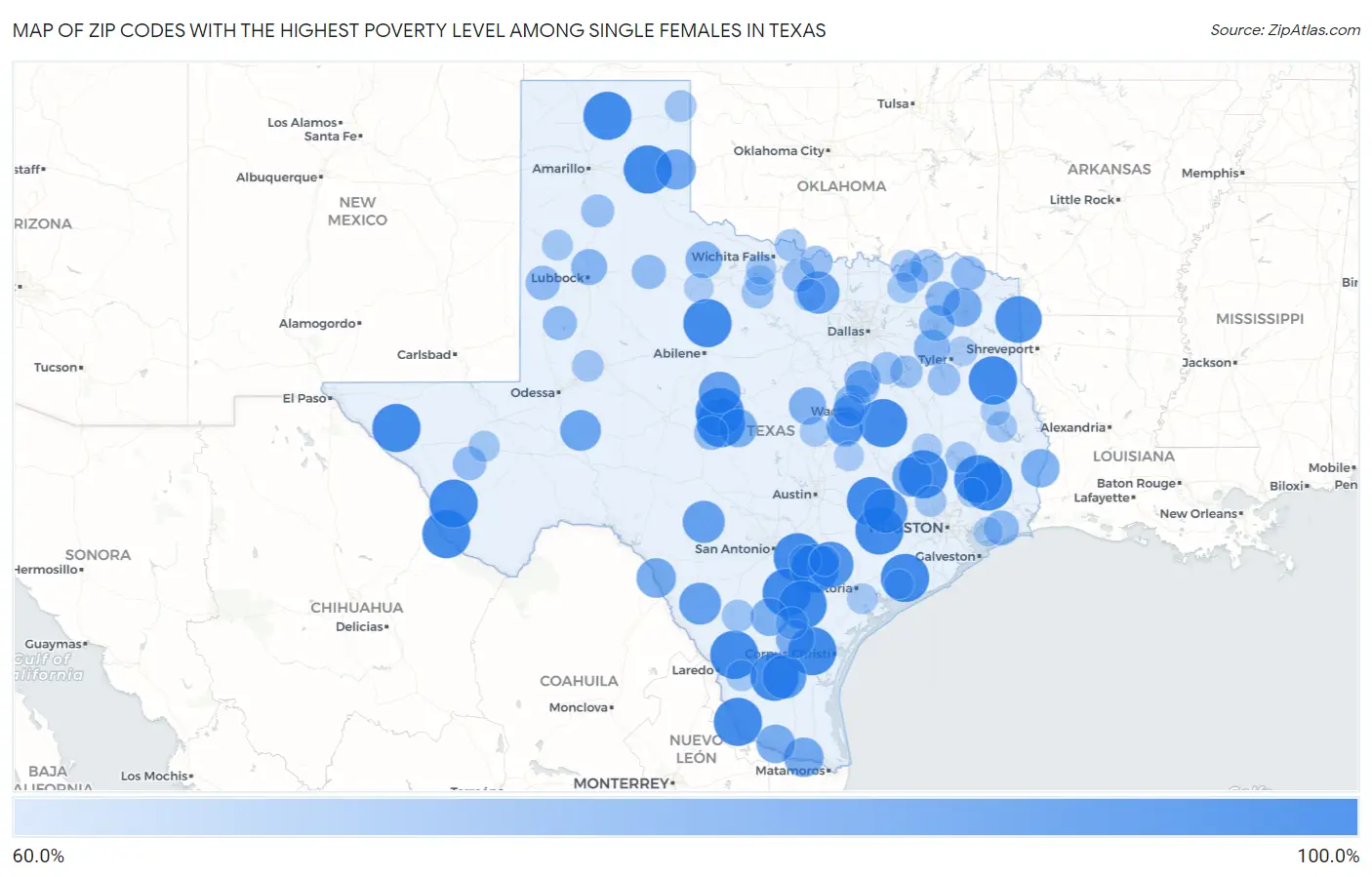 Zip Codes with the Highest Poverty Level Among Single Females in Texas Map