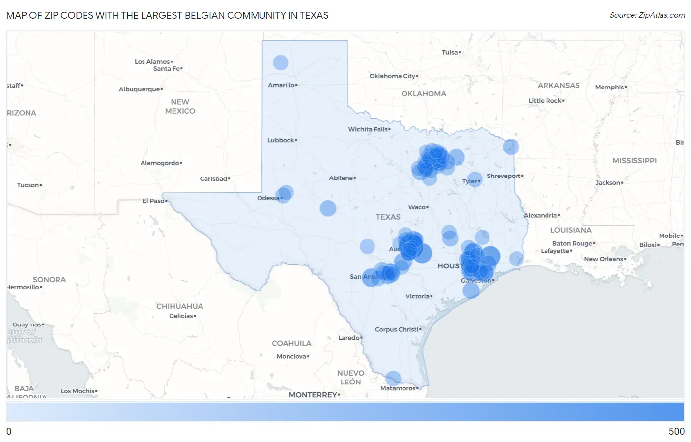 Zip Codes with the Largest Belgian Community in Texas Map