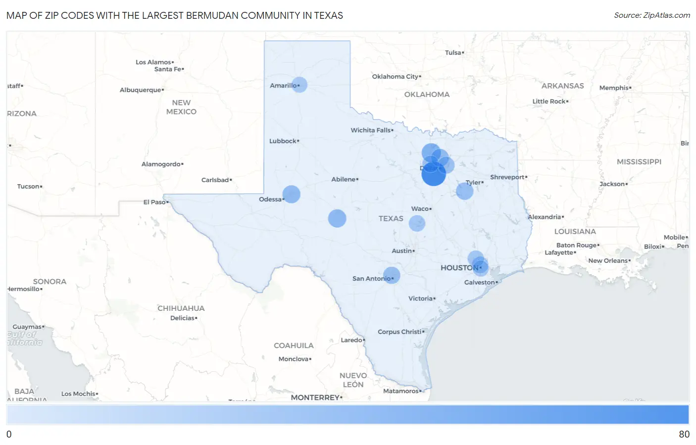 Zip Codes with the Largest Bermudan Community in Texas Map