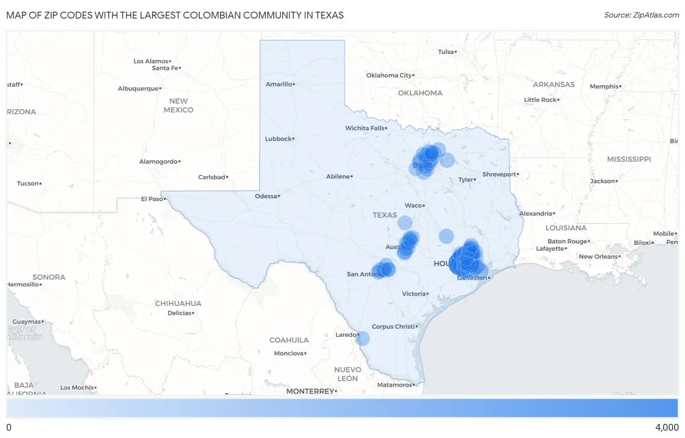 Zip Codes with the Largest Colombian Community in Texas Map