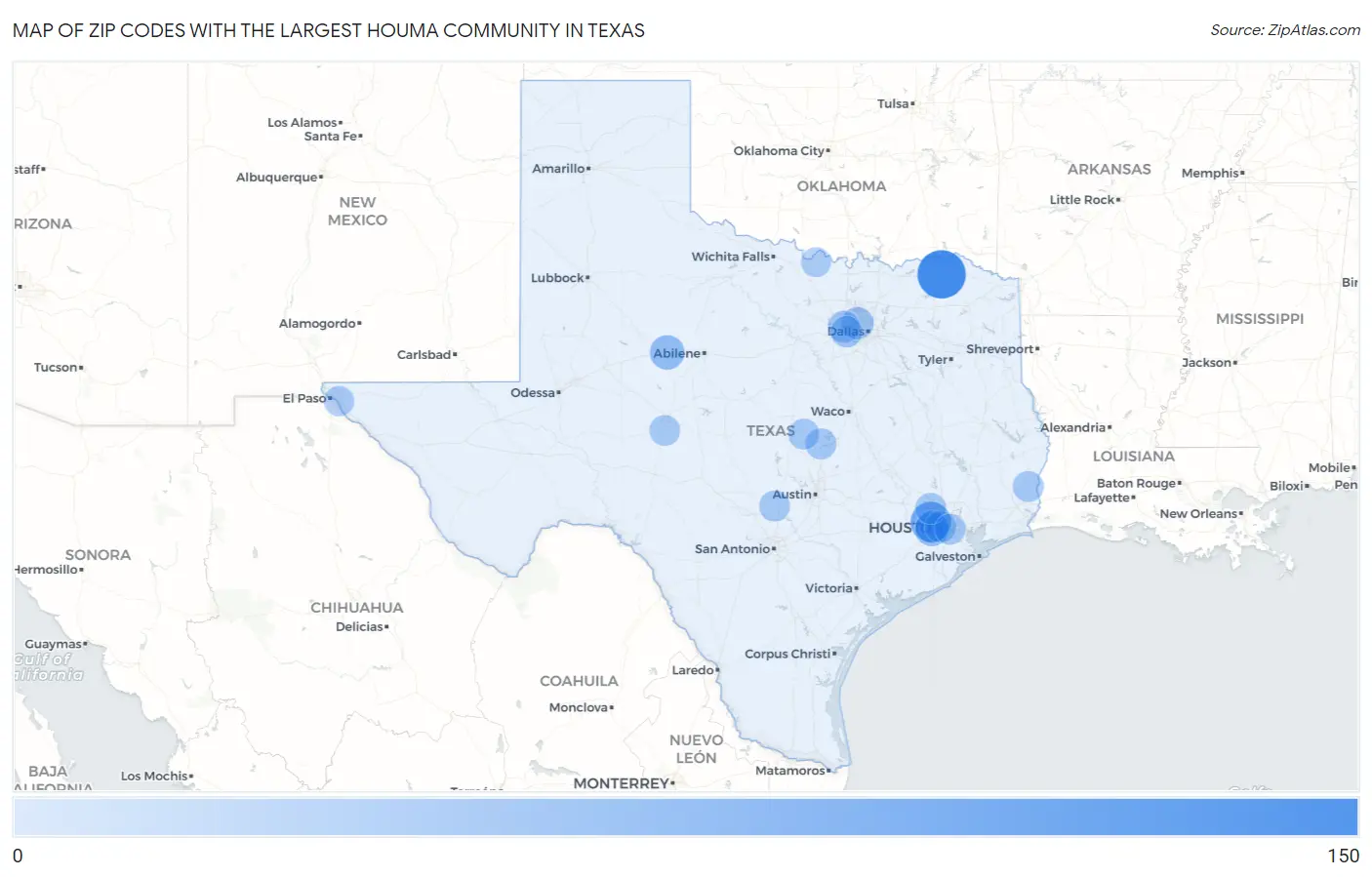 Zip Codes with the Largest Houma Community in Texas Map