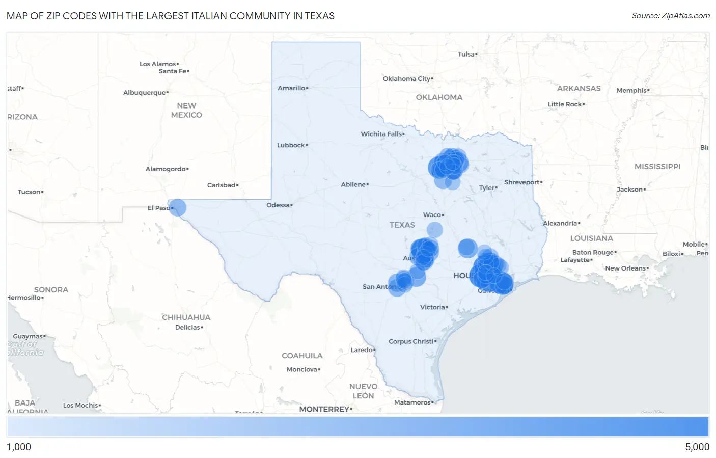 Zip Codes with the Largest Italian Community in Texas Map