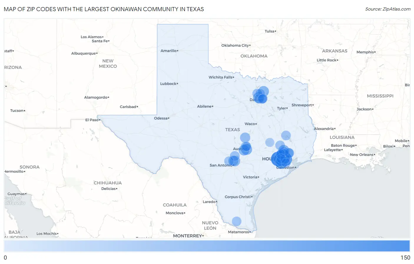 Zip Codes with the Largest Okinawan Community in Texas Map