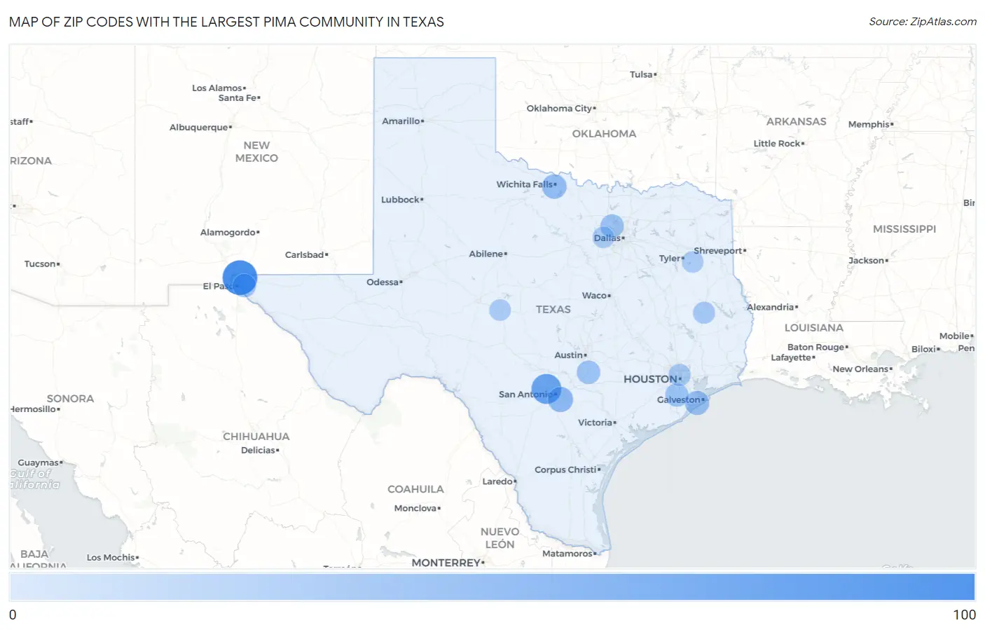 Zip Codes with the Largest Pima Community in Texas Map