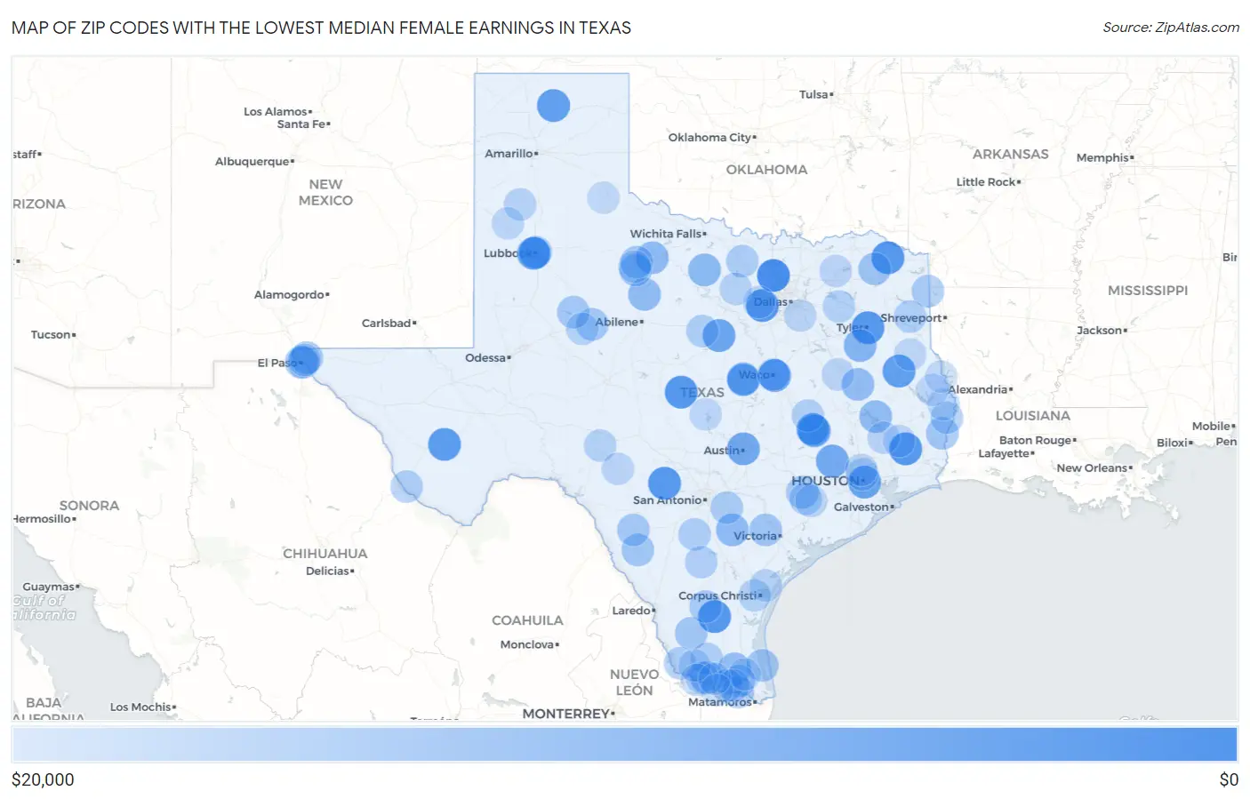 Zip Codes with the Lowest Median Female Earnings in Texas Map