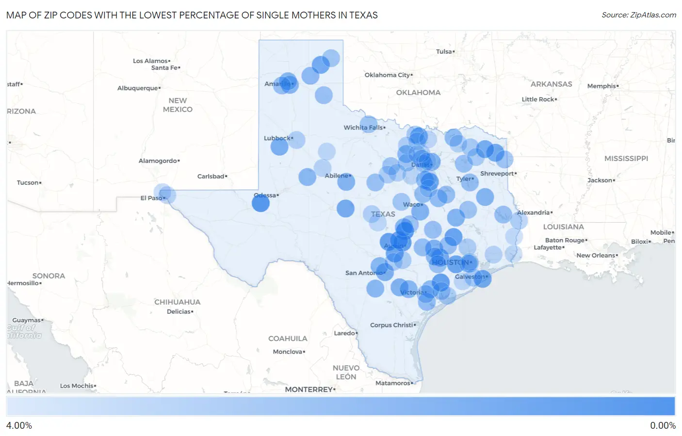 Zip Codes with the Lowest Percentage of Single Mothers in Texas Map