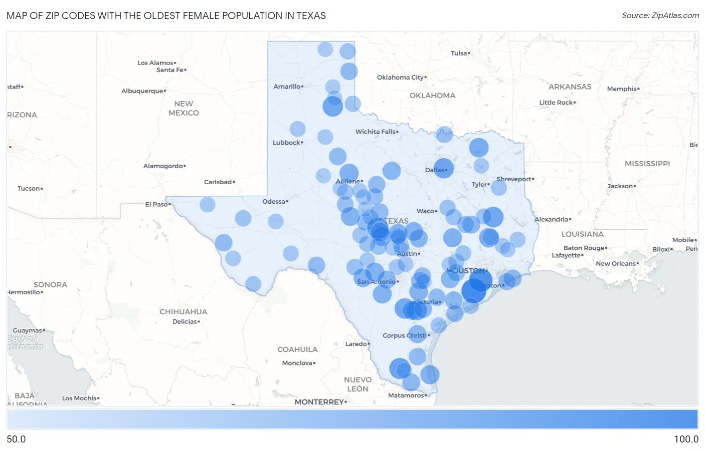 Zip Codes with the Oldest Female Population in Texas Map