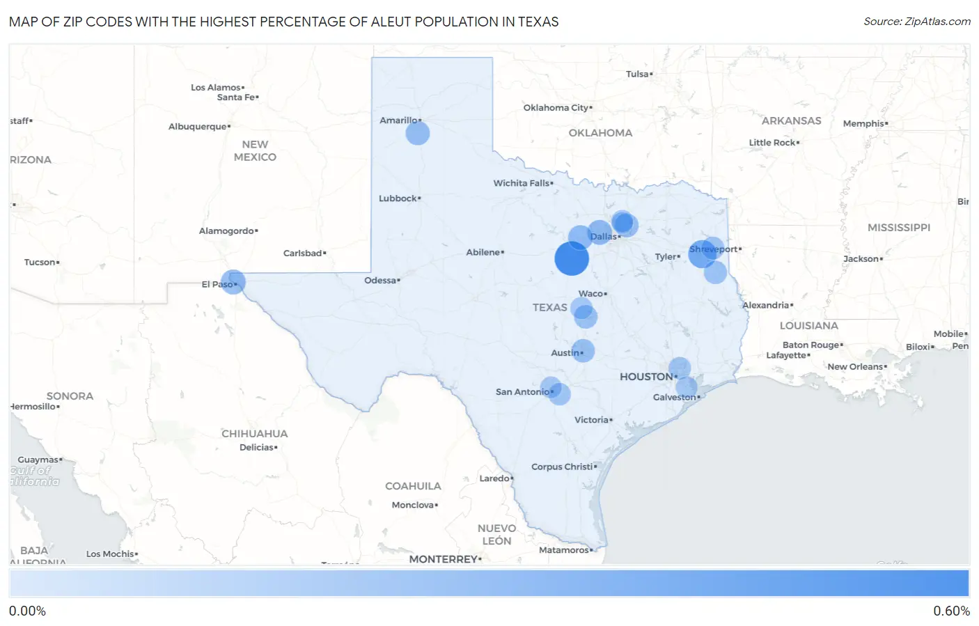 Zip Codes with the Highest Percentage of Aleut Population in Texas Map