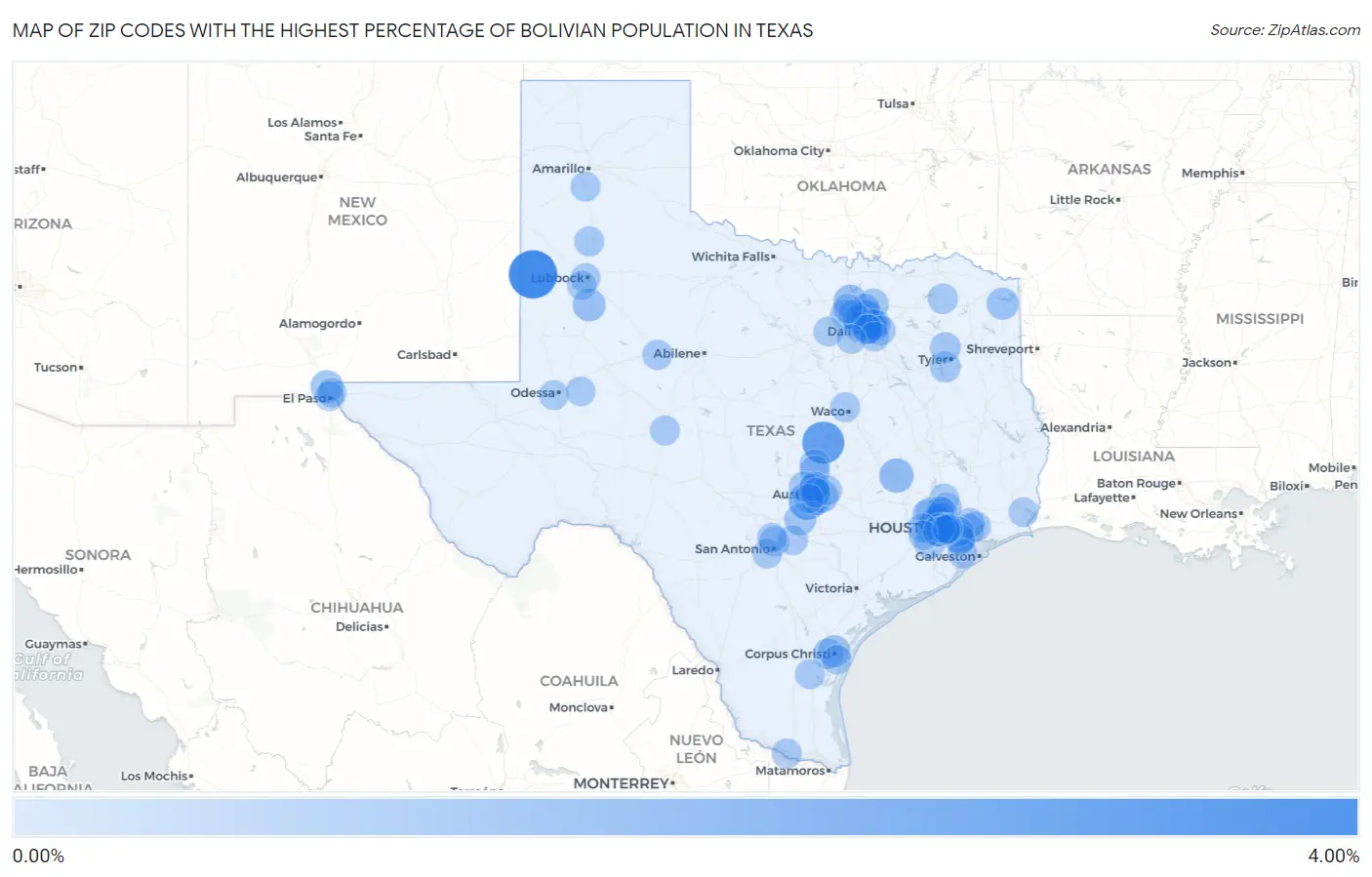 Zip Codes with the Highest Percentage of Bolivian Population in Texas Map