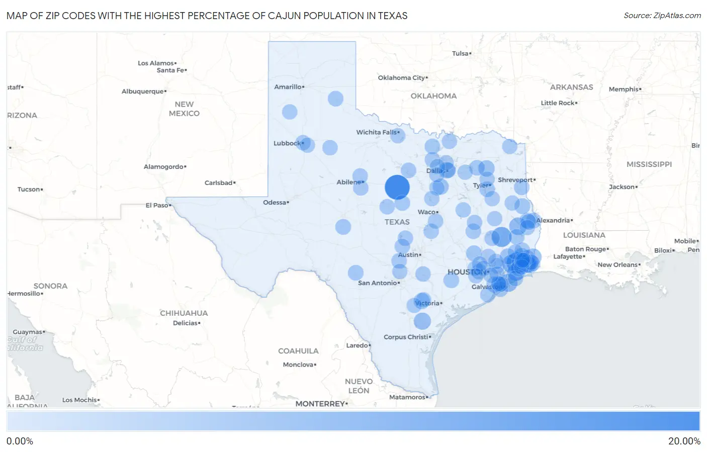 Zip Codes with the Highest Percentage of Cajun Population in Texas Map