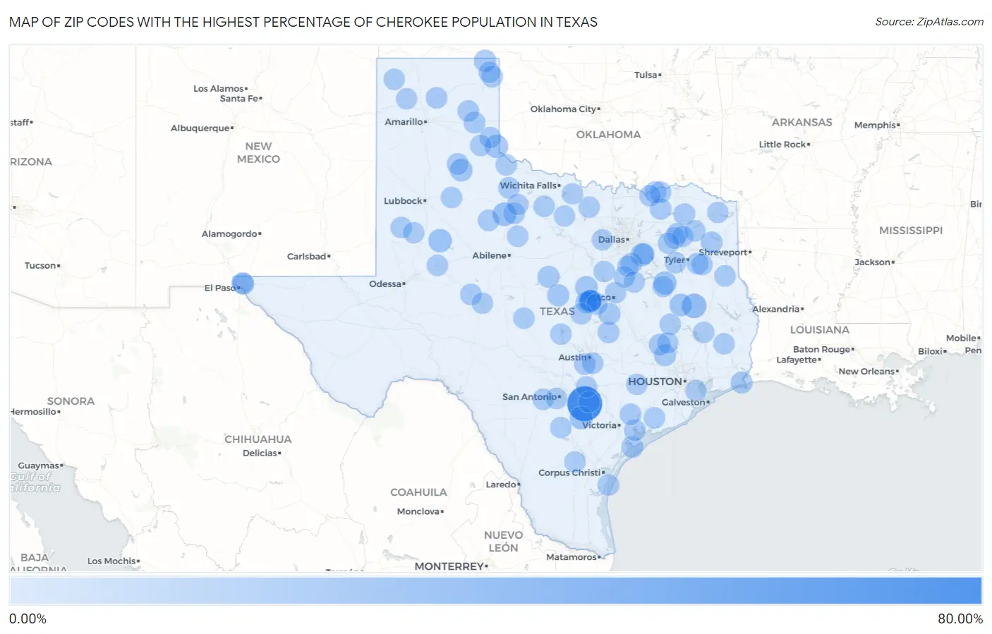 Zip Codes with the Highest Percentage of Cherokee Population in Texas Map
