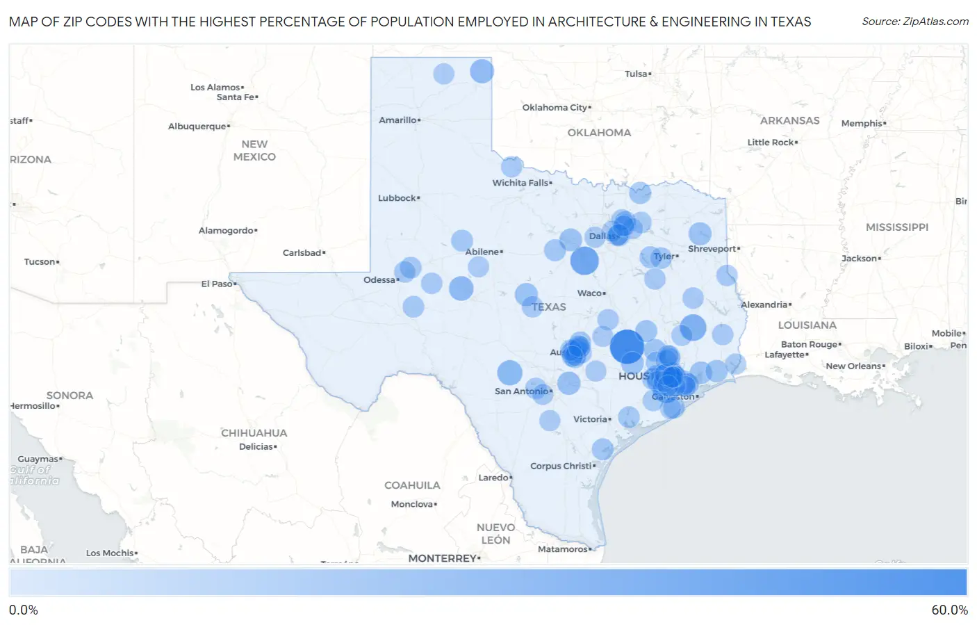 Zip Codes with the Highest Percentage of Population Employed in Architecture & Engineering in Texas Map